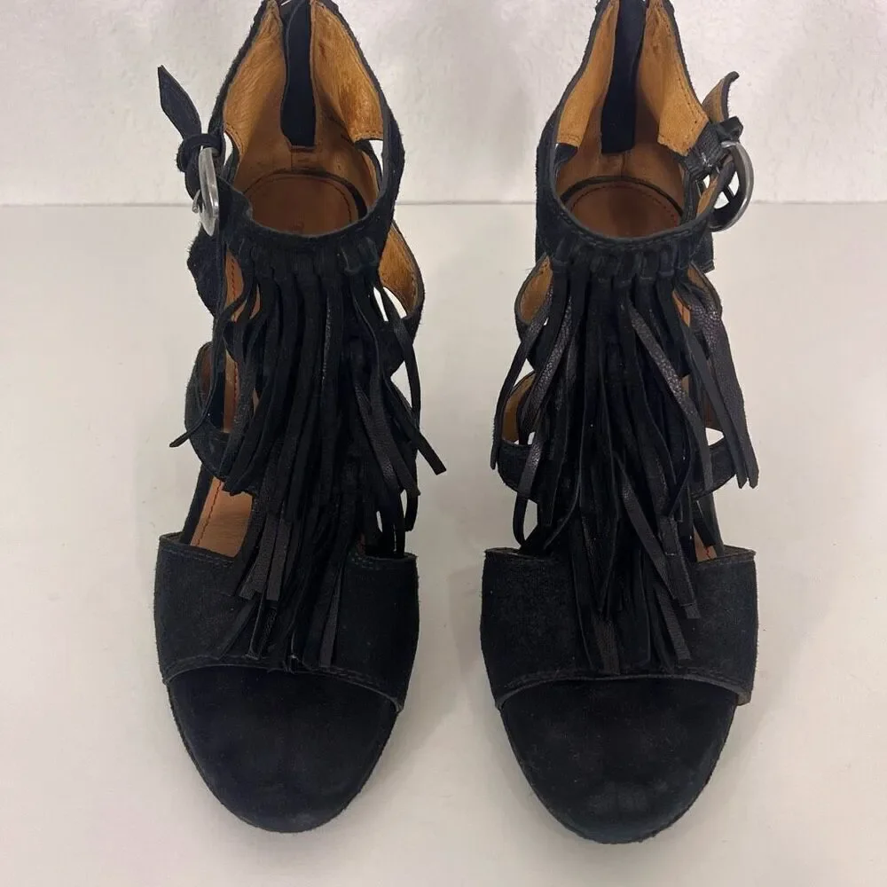 Trask‎ Black Leather Suede Fringe High Heel Wedges